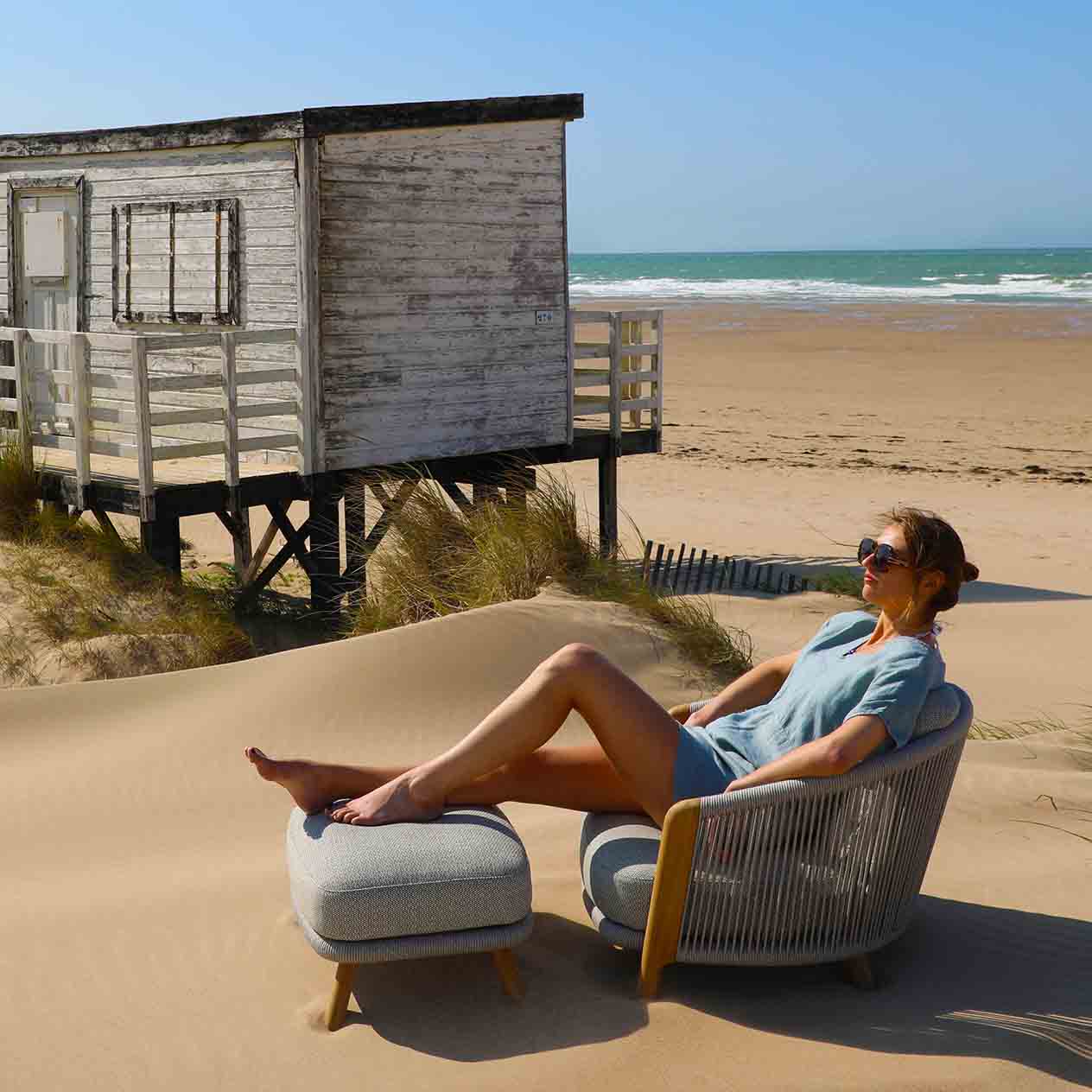 Milano Outdoor Teak and Rope Ottoman - Image 4