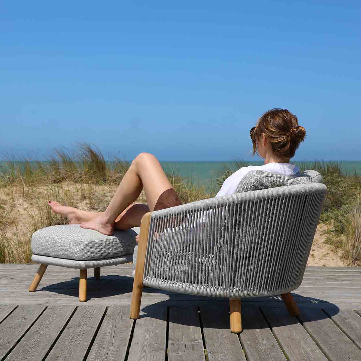 Milano Outdoor Teak and Rope Ottoman - Image 6