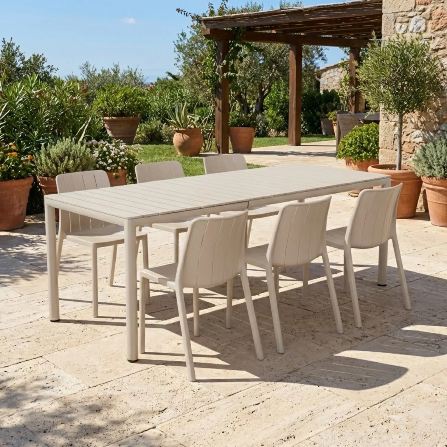 Nardi Tevere 147/211 Table Tiberina Armless Chair Outdoor Dining Setting - Image 2