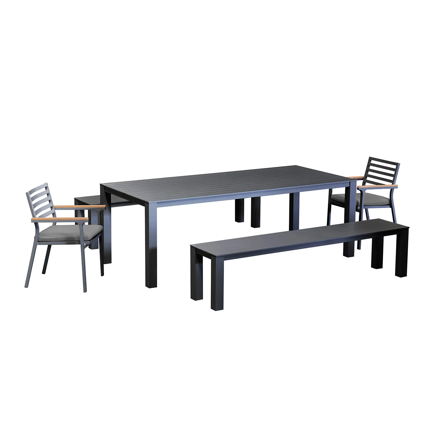 Vernon 220 cm Table Vernon 200 cm Bench and Lotus Chair Outdoor Dining Setting
