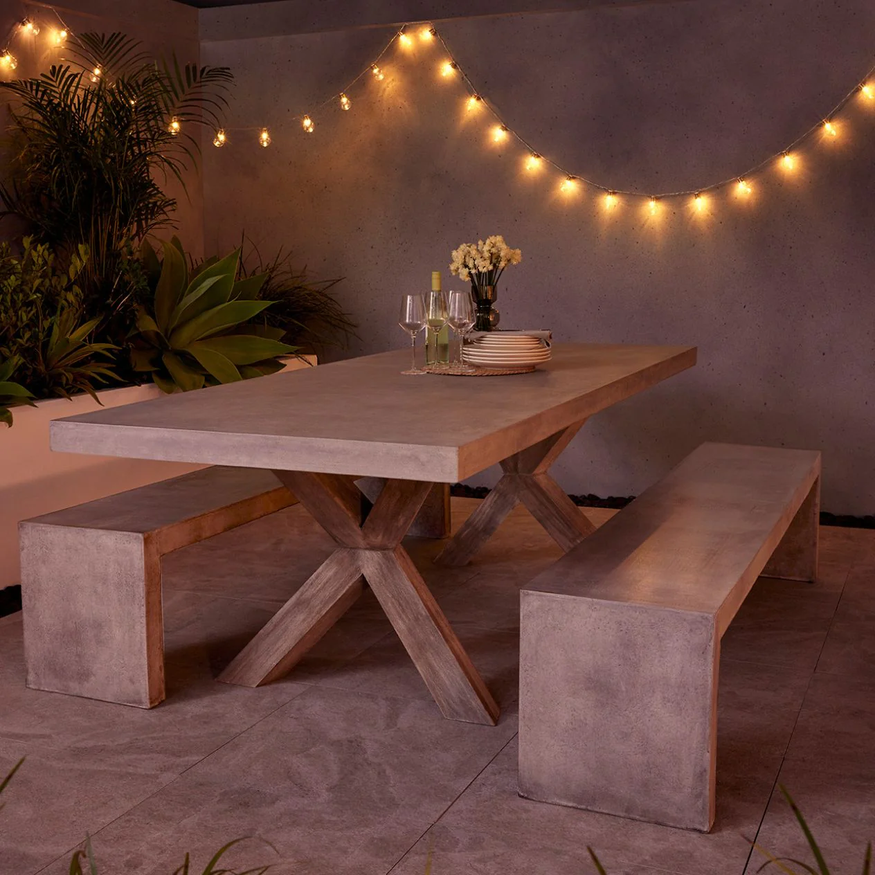 Zen Outdoor Concrete Dining Table With Teak Cross Leg 240 cm - Image 2